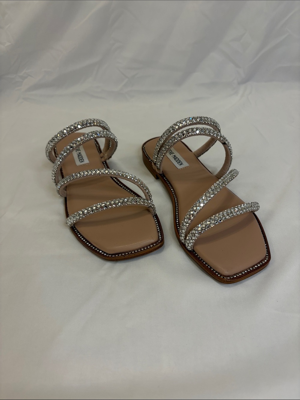 Steve Madden Beige Crystal-Strap Flat Sandals